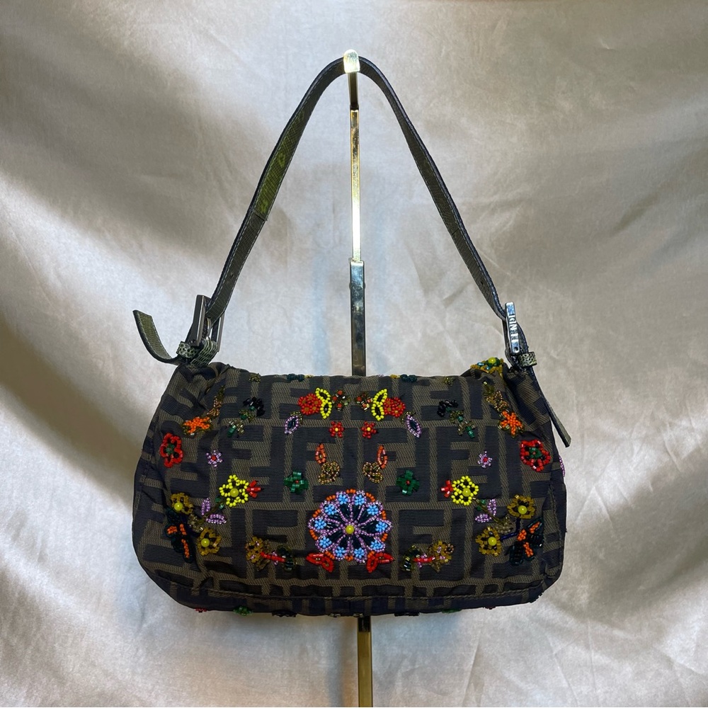 💖SOLD💖Fendi zucca print floral beaded baguette lizard shoulder strap RARE - Picture 3 of 16